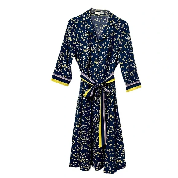 Boden Riviera Button Front Belted Shirt Dress Navy Blue Floral Size 10L - Picture 4 of 9
